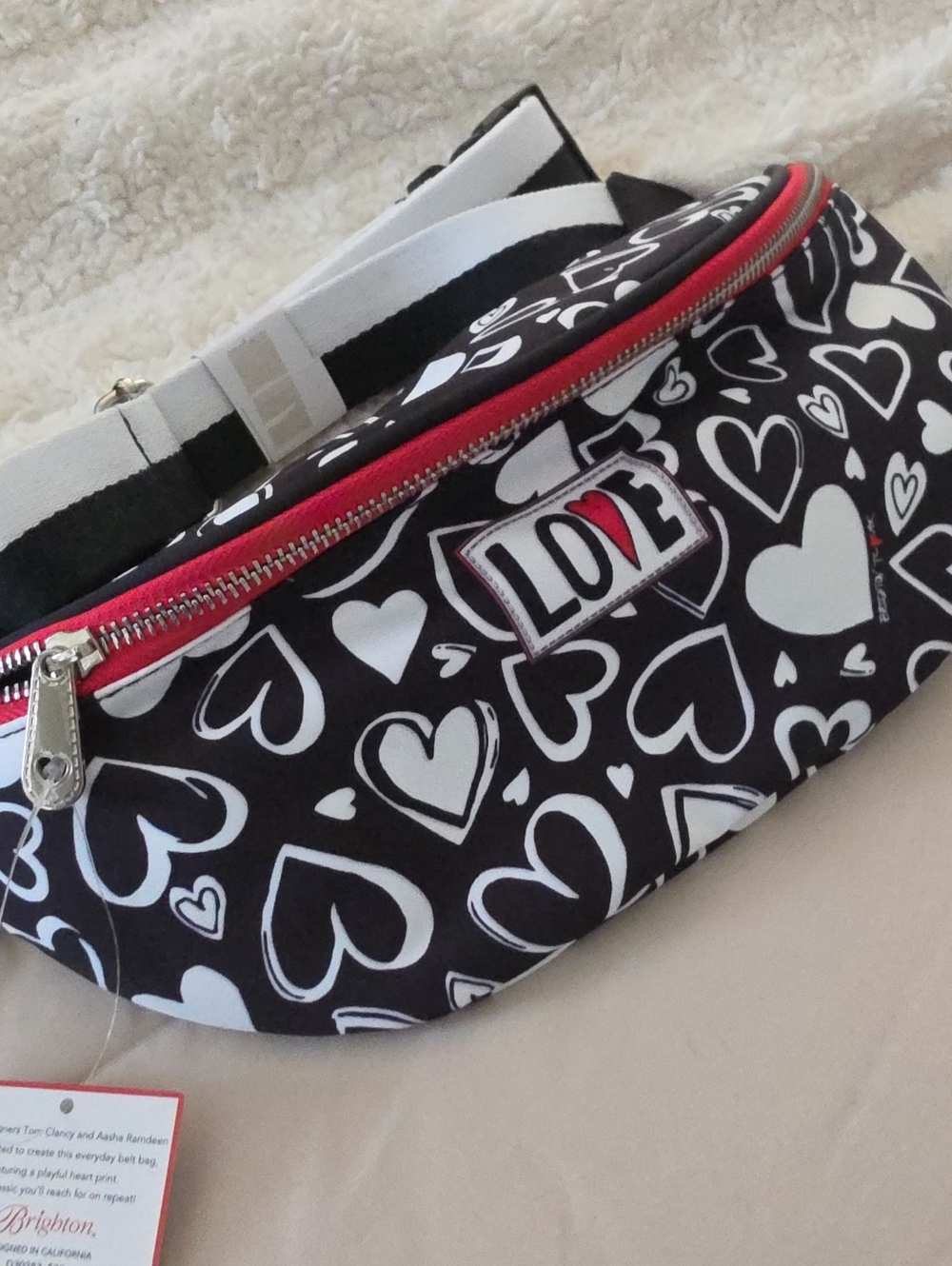 Brighton Black & White Heart-Print Crossbody with Pink Zip Accent